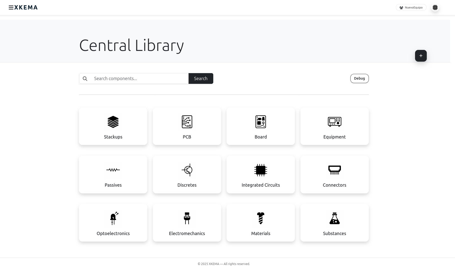 XKEMA's central library, with components, manufacturer, part number and attached documentation.