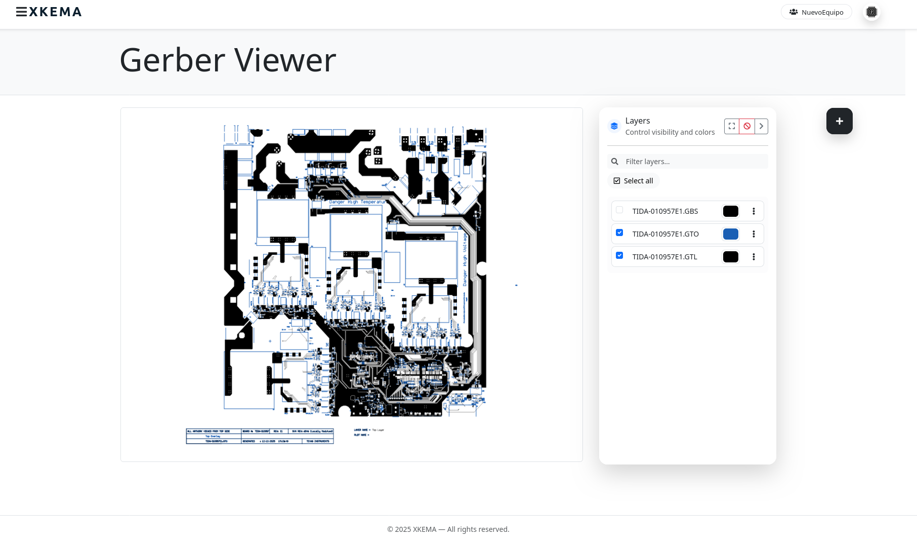 Gerber viewer showing a board's layers inside XKEMA.