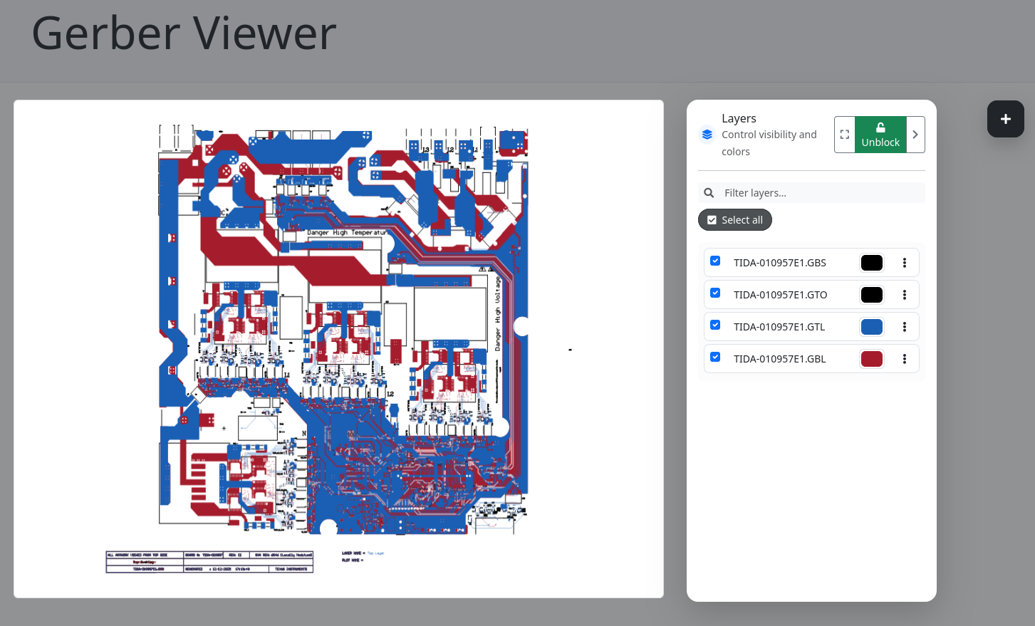 Gerber viewer with layer selection.